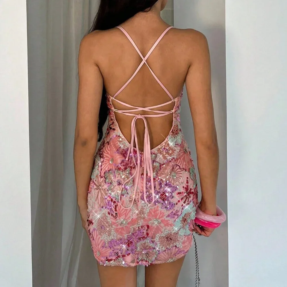 Pink Party Women's Sexy Backless Lace-Up Mini Halter floral print Sequin Dress - Picture 2 of 7